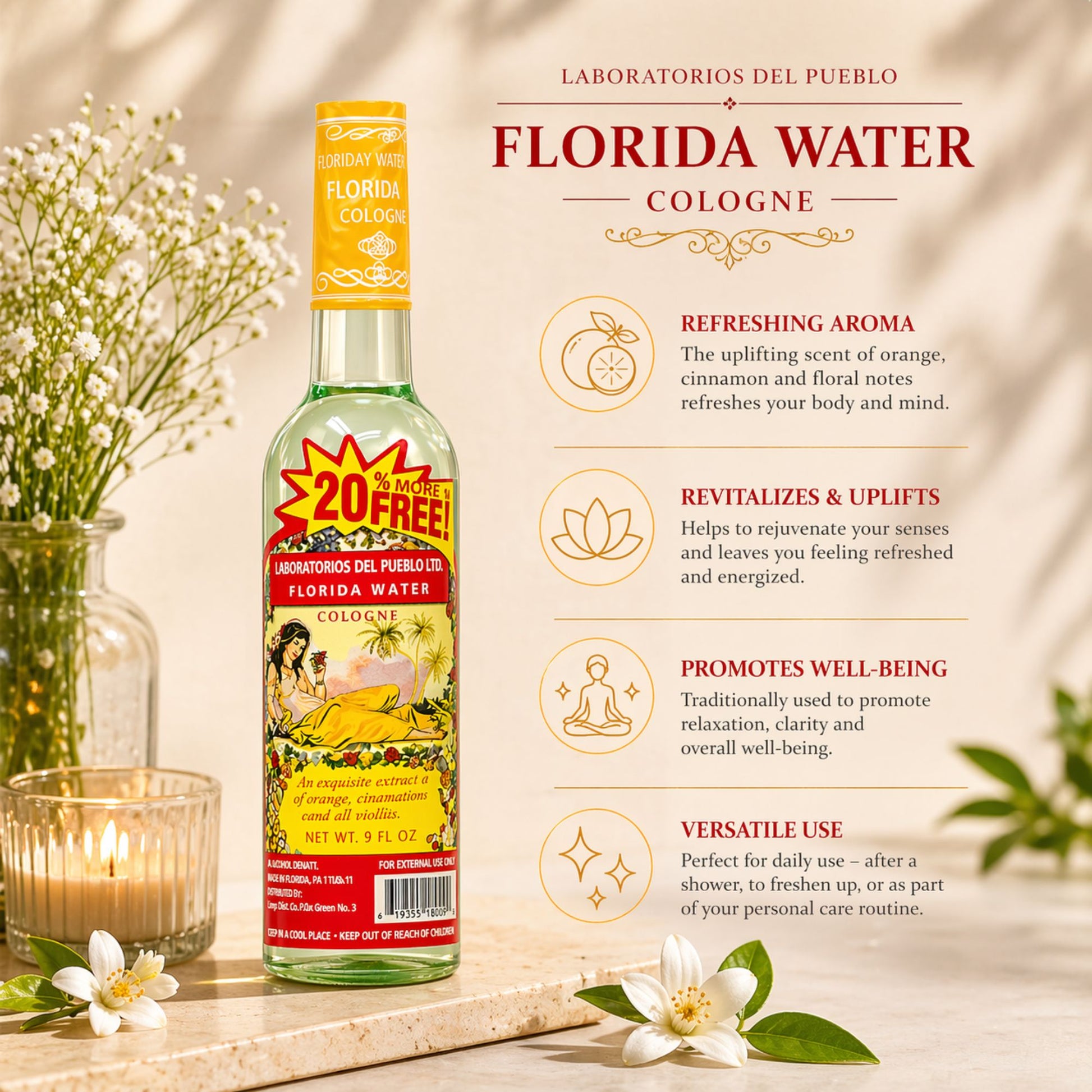 Laboratorios Del Pueblo Florida Water Cologne in a 9 fl. oz. clear bottle with a yellow neck wrap and a red "20% More Free" burst.
