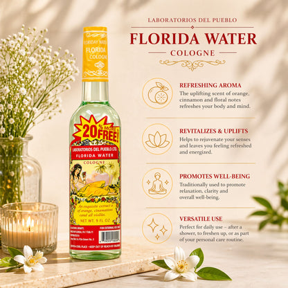 Laboratorios Del Pueblo Florida Water Cologne in a 9 fl. oz. clear bottle with a yellow neck wrap and a red "20% More Free" burst.