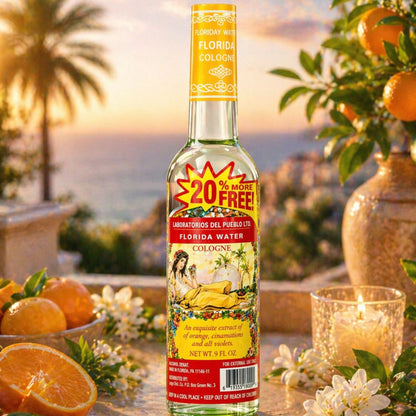 Laboratorios Del Pueblo Florida Water Cologne in a 9 fl. oz. clear bottle with a yellow neck wrap and a red "20% More Free" burst.