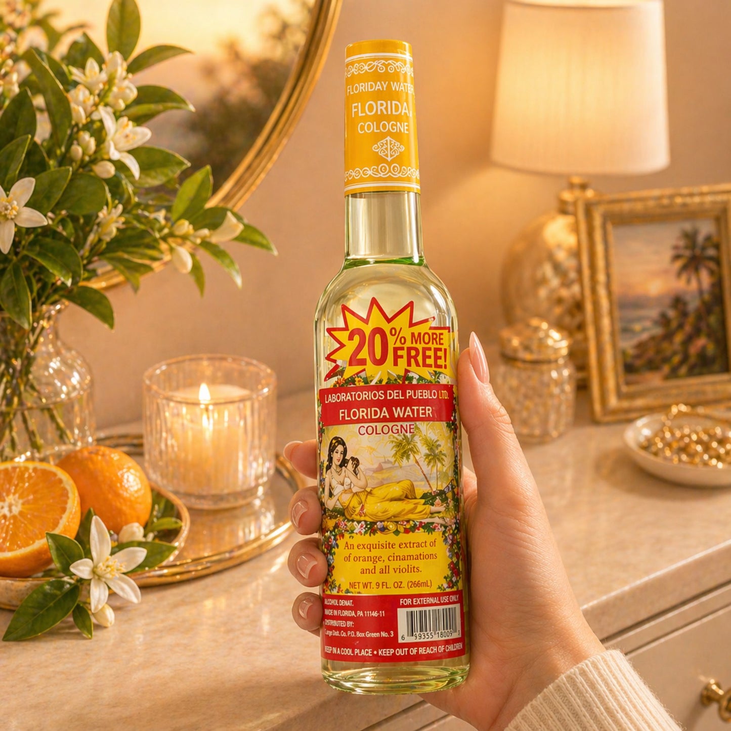 Laboratorios Del Pueblo Florida Water Cologne in a 9 fl. oz. clear bottle with a yellow neck wrap and a red "20% More Free" burst.