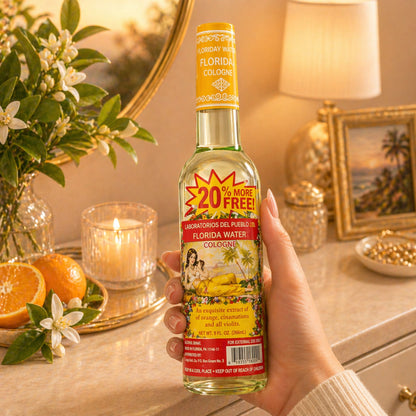 Laboratorios Del Pueblo Florida Water Cologne in a 9 fl. oz. clear bottle with a yellow neck wrap and a red "20% More Free" burst.