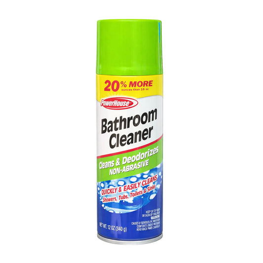 Can of Powerhouse Bathroom Cleaner with green, yellow, and blue label on a white background
