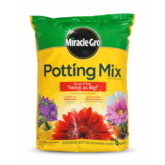 Bag of Miracle-Gro Potting Mix with colorful flowers on a white background