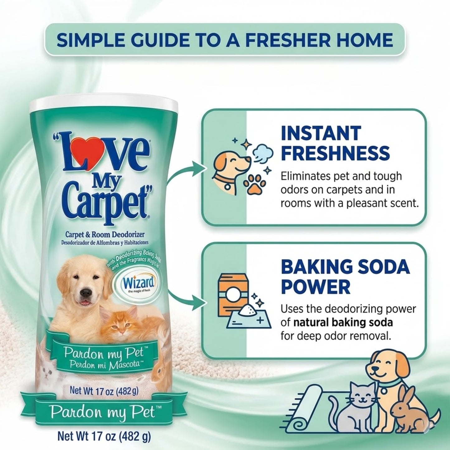 17oz Love My Carpet Pardon My Pet Powder Deodorizer size and feature image