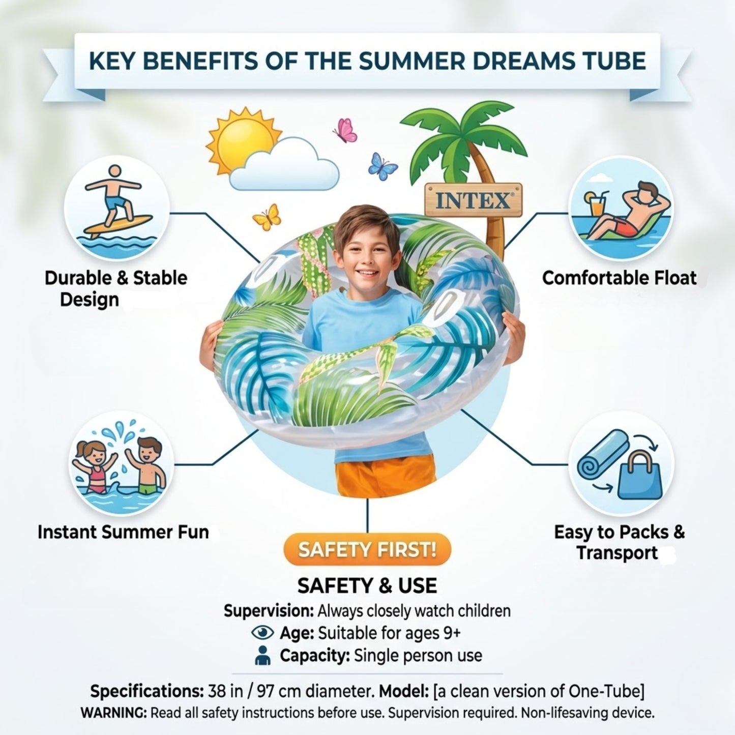 38" Intex Summer Dreams Pool Tube Floating Lounge with Handles Toys, Beach size and feature image