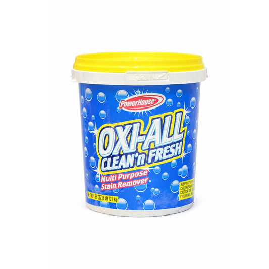 Blue container of Powerhouse Oxi-All Clean 'n Fresh with yellow lid on a white background