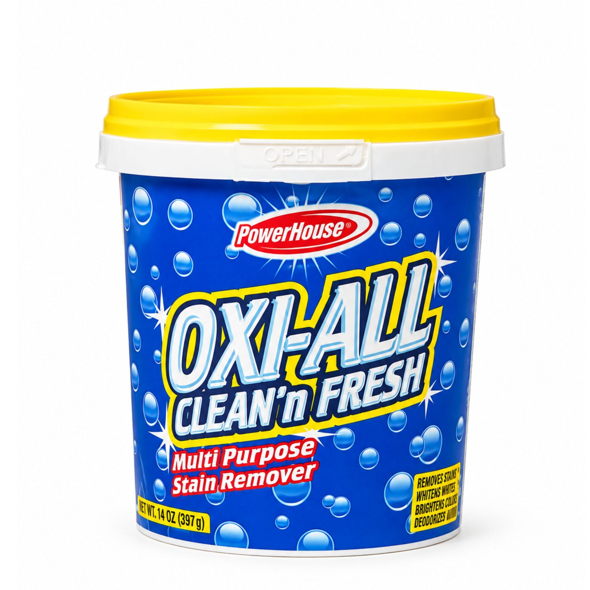Blue container of Powerhouse Oxi-All Clean 'n Fresh stain remover on a white background