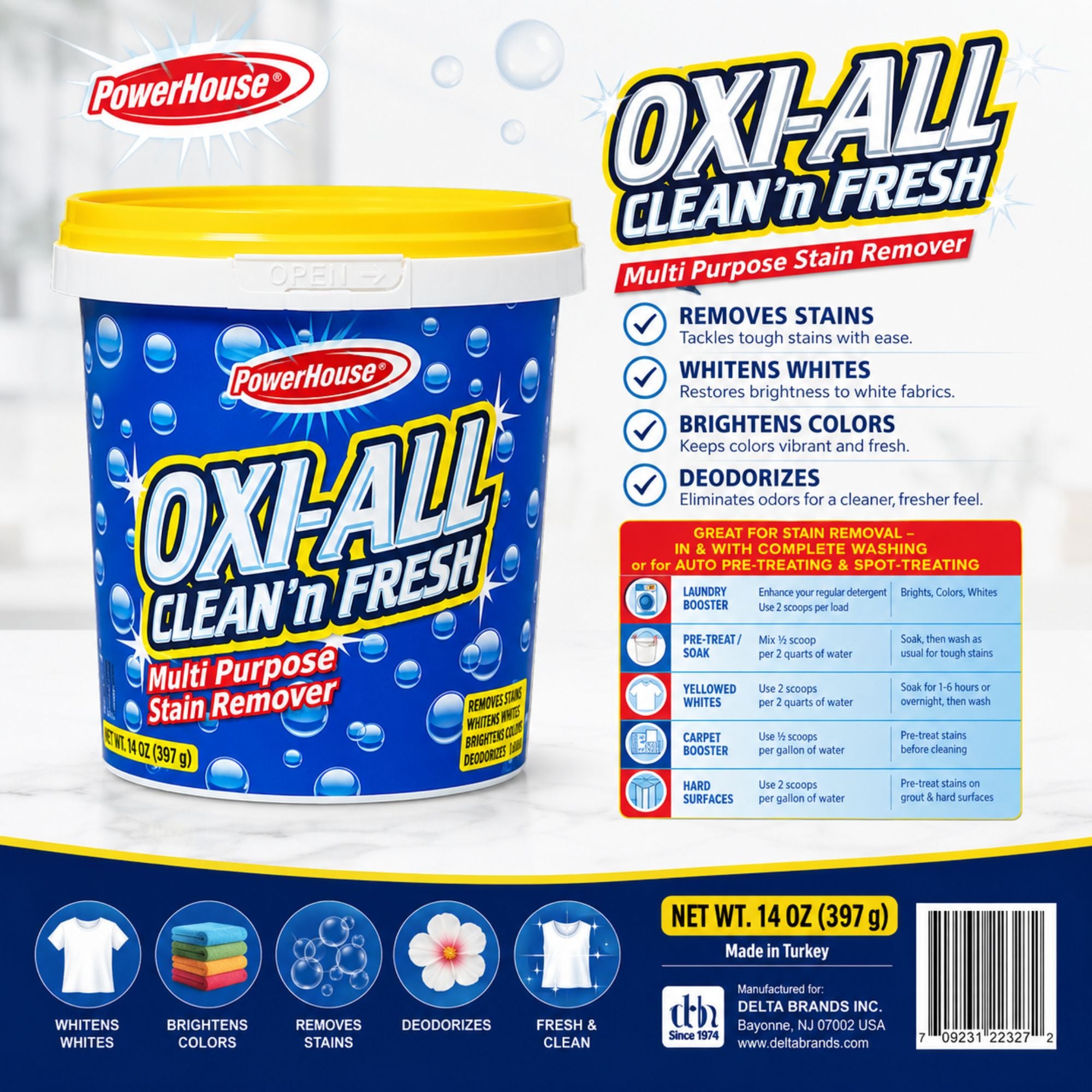 PowerHouse Oxi-All Clean 'n Fresh stain remover container with label on a white background