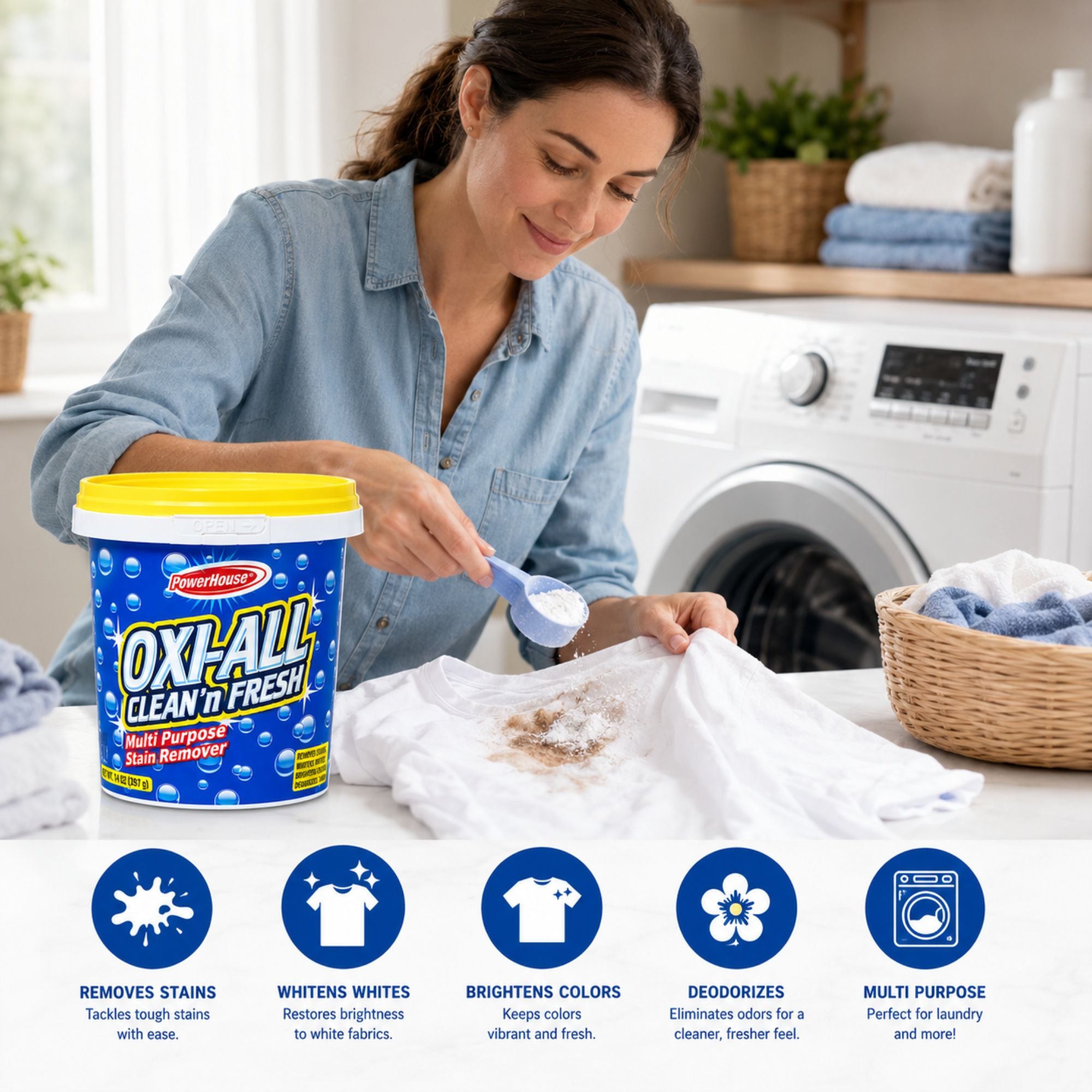 Woman using Oxi-All Clean 'n Fresh in a laundry room with washing machine and basket of clothes.