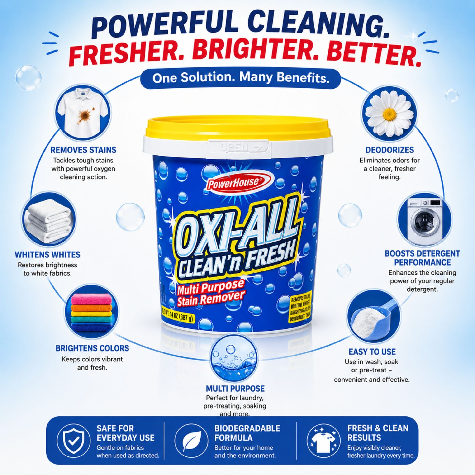 Oxi-All Clean 'n Fresh multi-purpose stain remover with features listed on a blue background