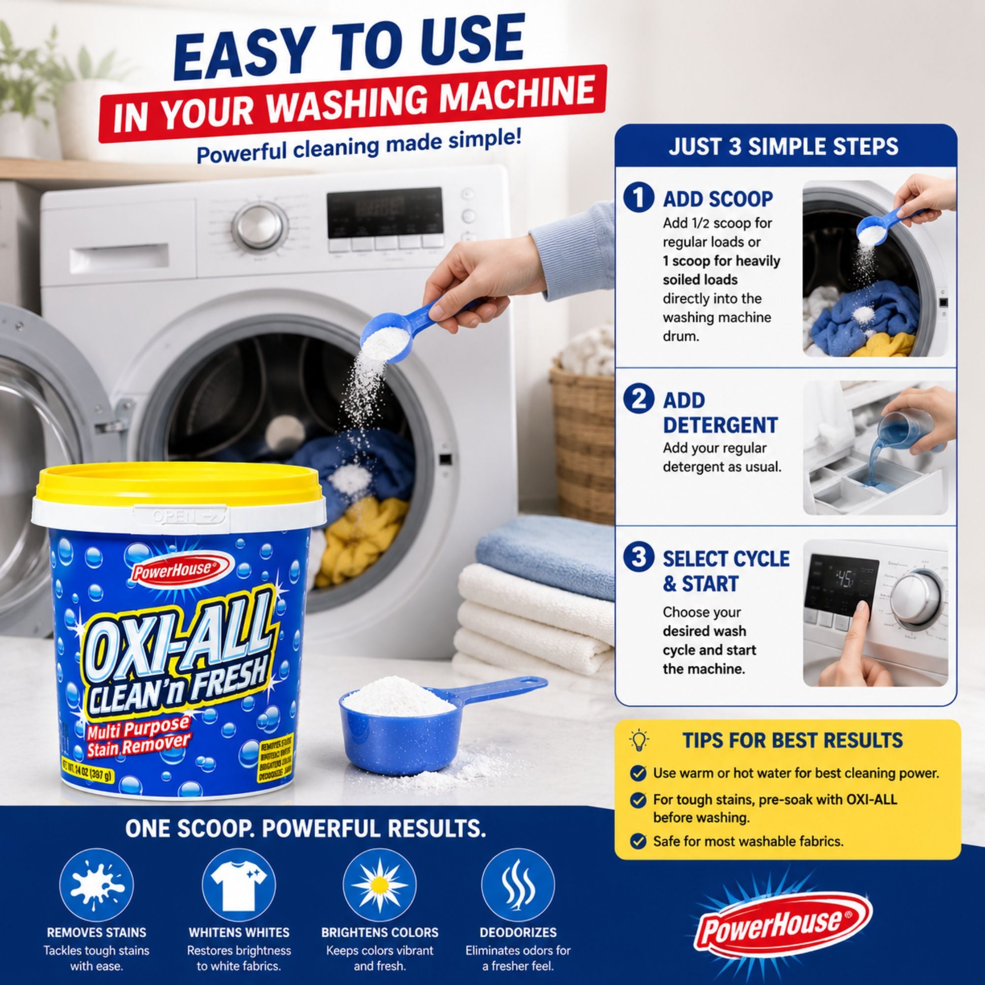 Advertisement for Powerhouse Oxi-All Clean 'n Fresh laundry product with washing machine and usage instructions.