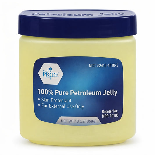 Jar of 100% Pure Petroleum Jelly with blue lid and label on a white background