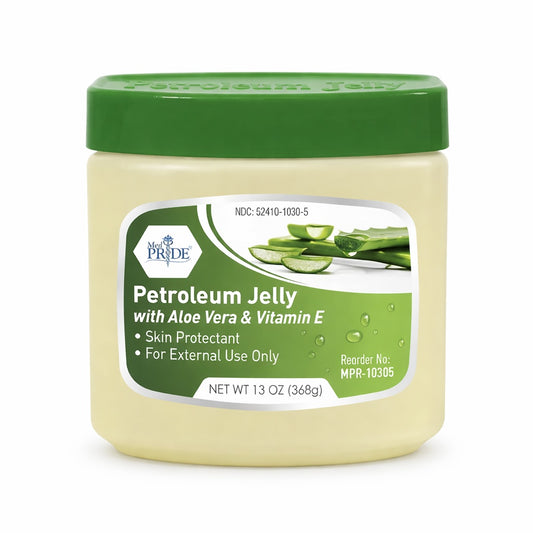Jar of petroleum jelly with aloe vera and vitamin E on a white background