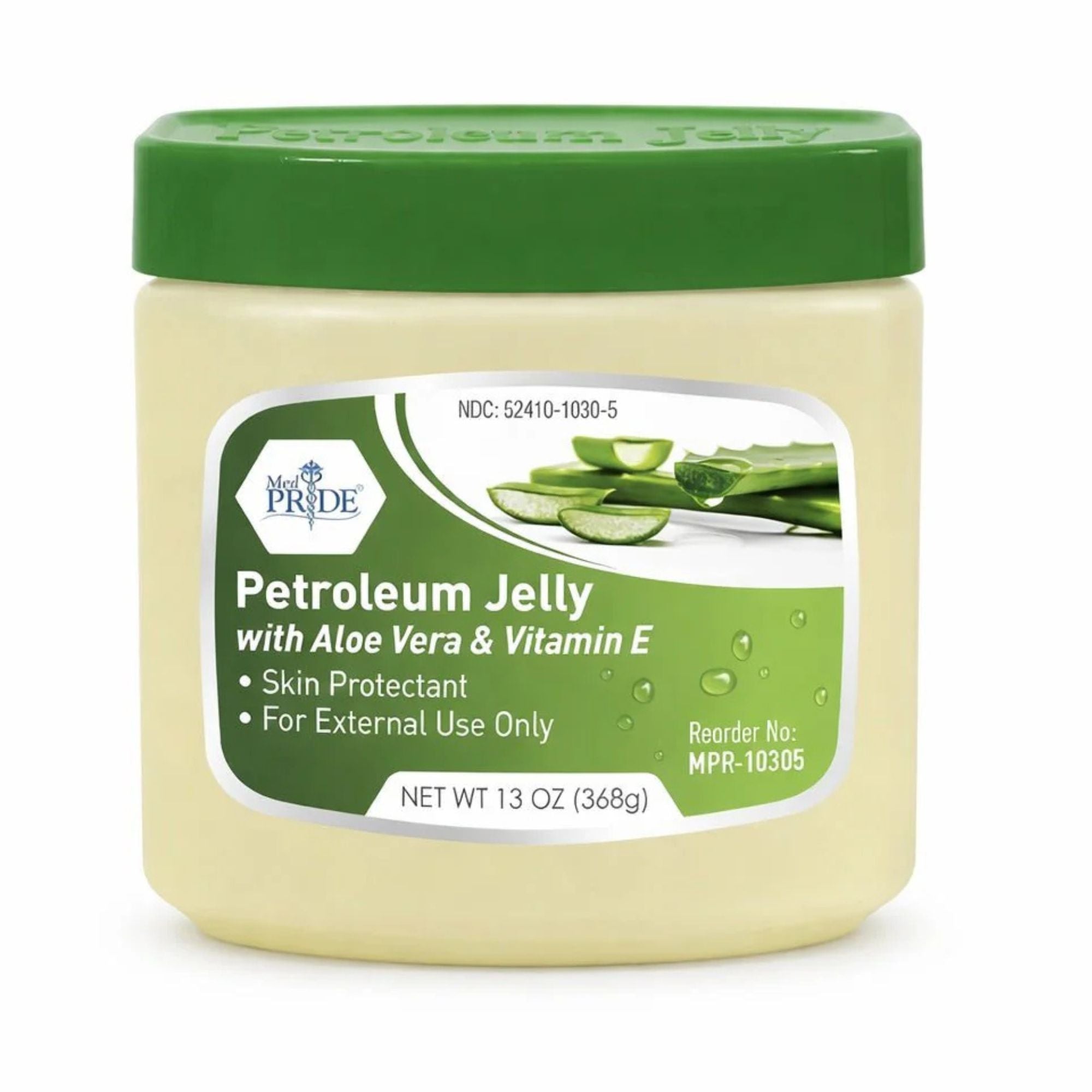 Jar of petroleum jelly with aloe vera and vitamin E on a white background