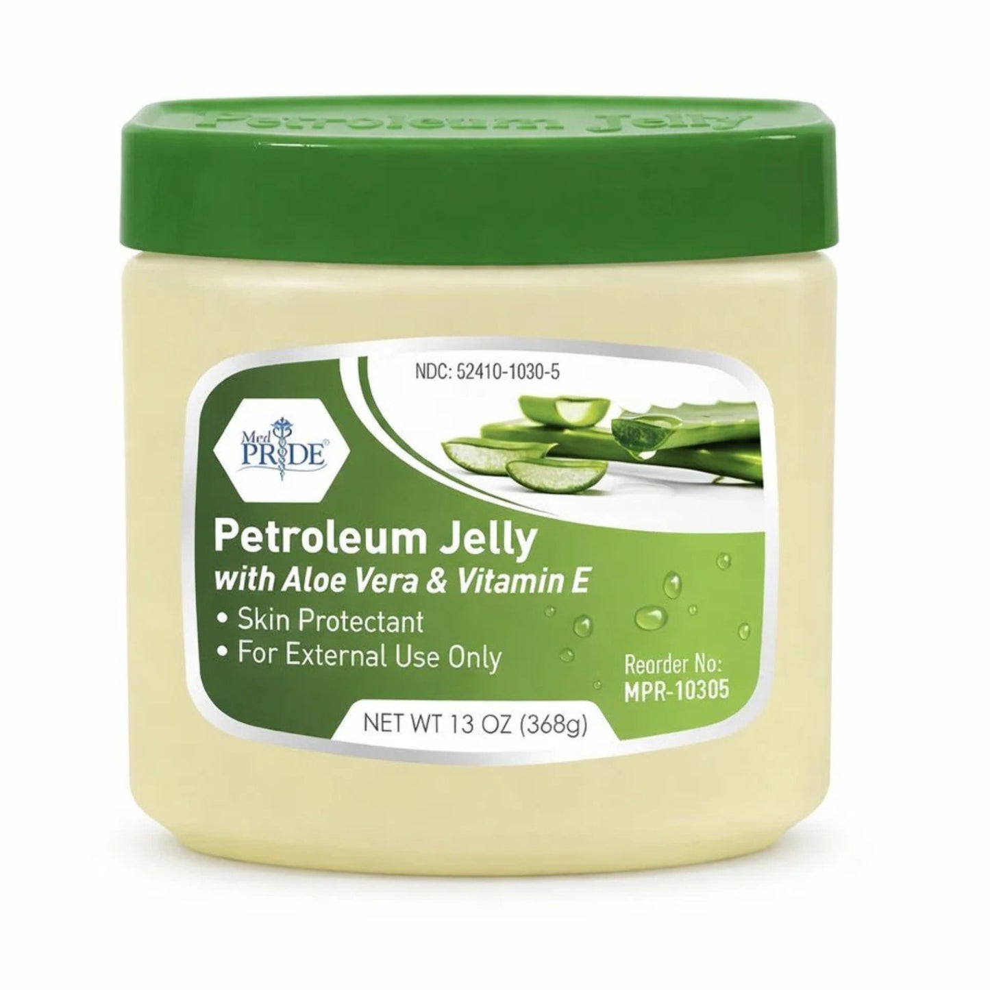 Jar of petroleum jelly with aloe vera and vitamin E on a white background