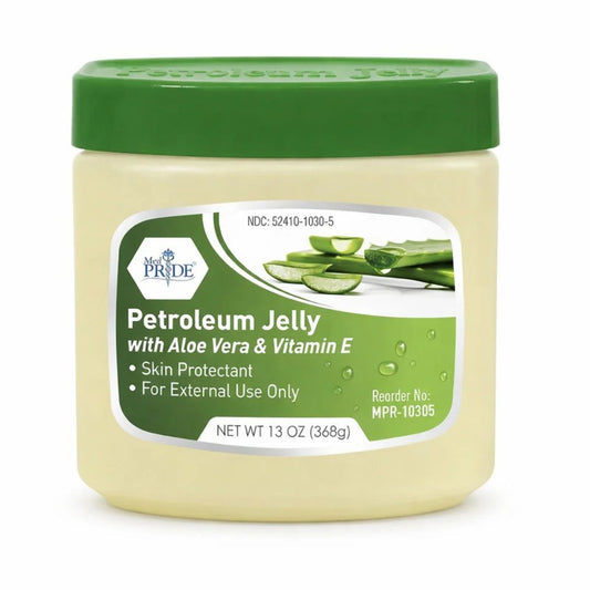 Jar of petroleum jelly with aloe vera and vitamin E on a white background