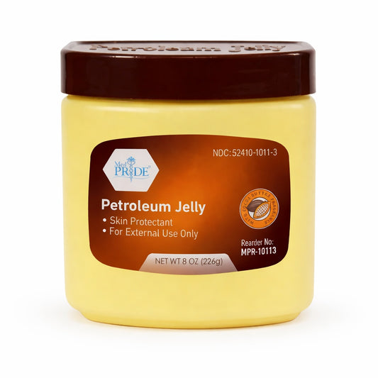 Jar of petroleum jelly with a brown lid on a white background