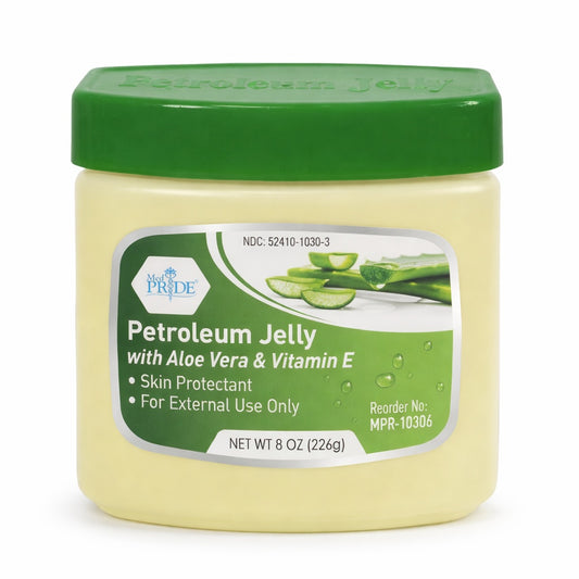 Jar of petroleum jelly with aloe vera and vitamin E on a white background