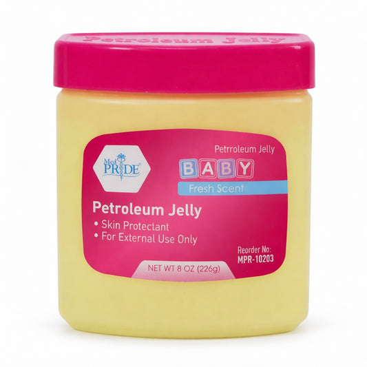 Jar of petroleum jelly with a pink lid on a white background