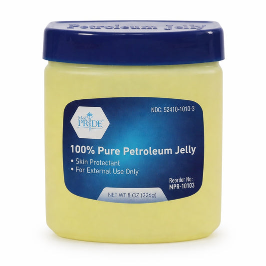 Jar of 100% Pure Petroleum Jelly with blue lid and label on a white background