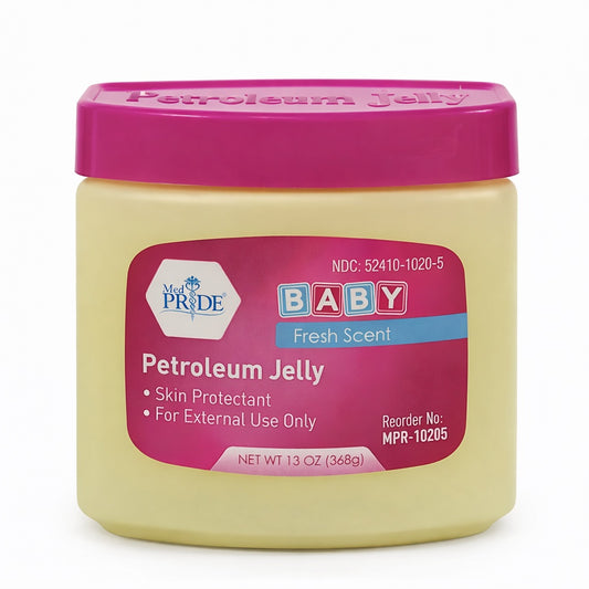 Jar of baby petroleum jelly with pink lid on a white background