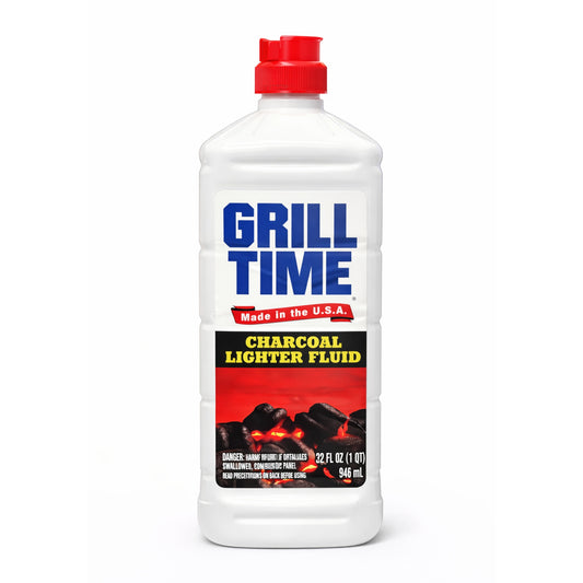 Bottle of Grill Time charcoal lighter fluid on a white background