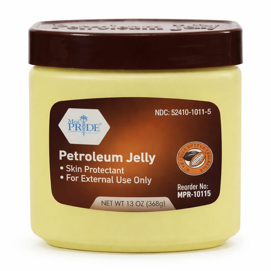 Jar of petroleum jelly with a brown lid on a white background