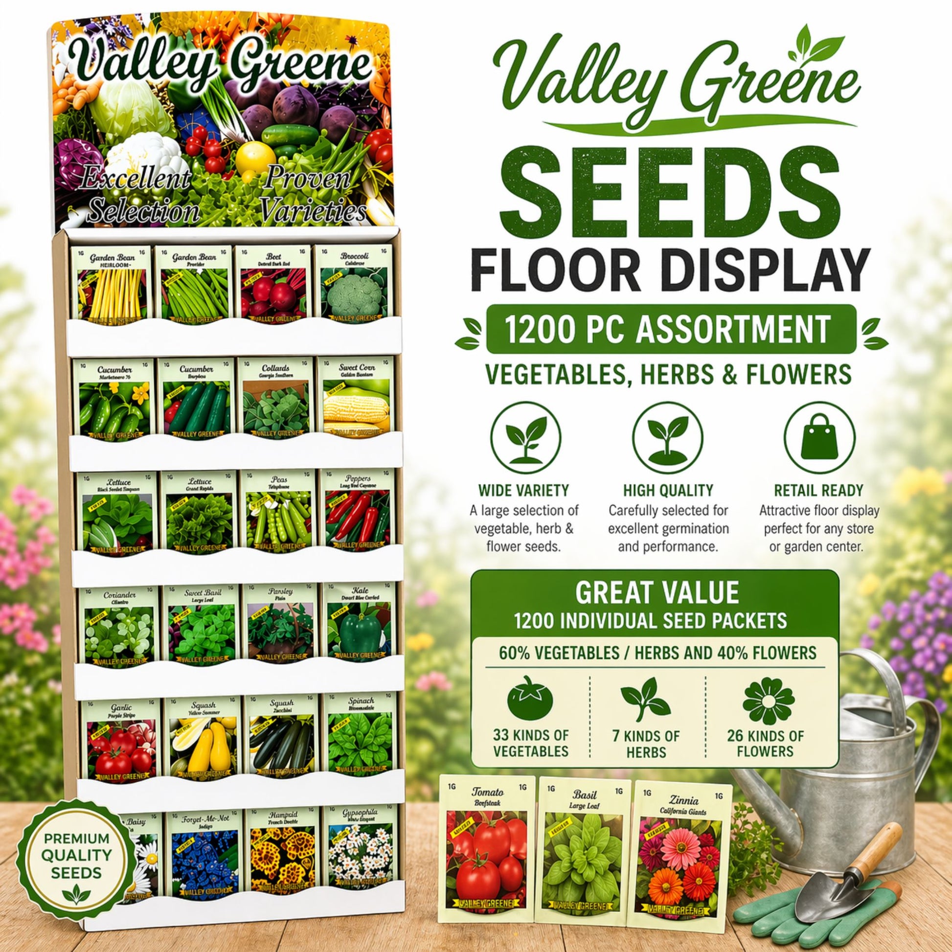 Floor Display Including 1200 Pc Assorted Vegetable, Herb & Flower Seeds by Valley Greene Seeds Edible Plant Seeds main