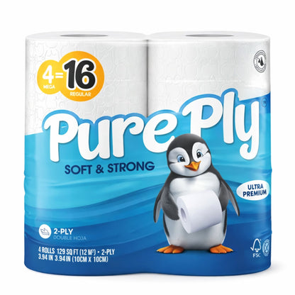 4in x 4in 4 Rolls Pack Pure Ply Ultra Soft 2-Ply 225 Sheets Toilet Paper