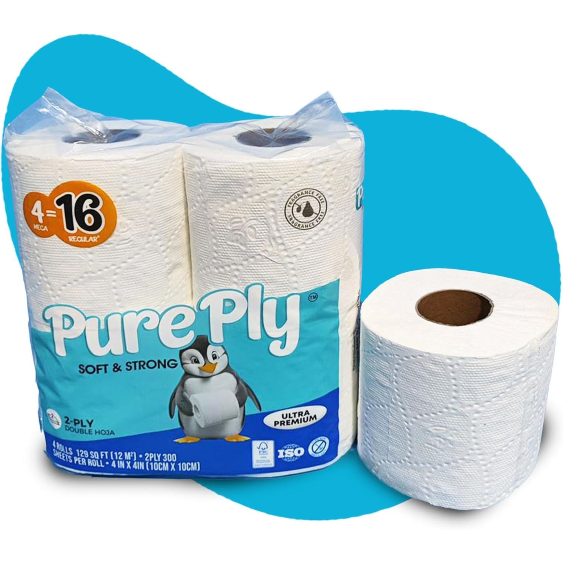 4in x 4in Toilet Paper 4 Rolls Pack 2-Ply 225 Sheets Ultra Soft Pure Ply