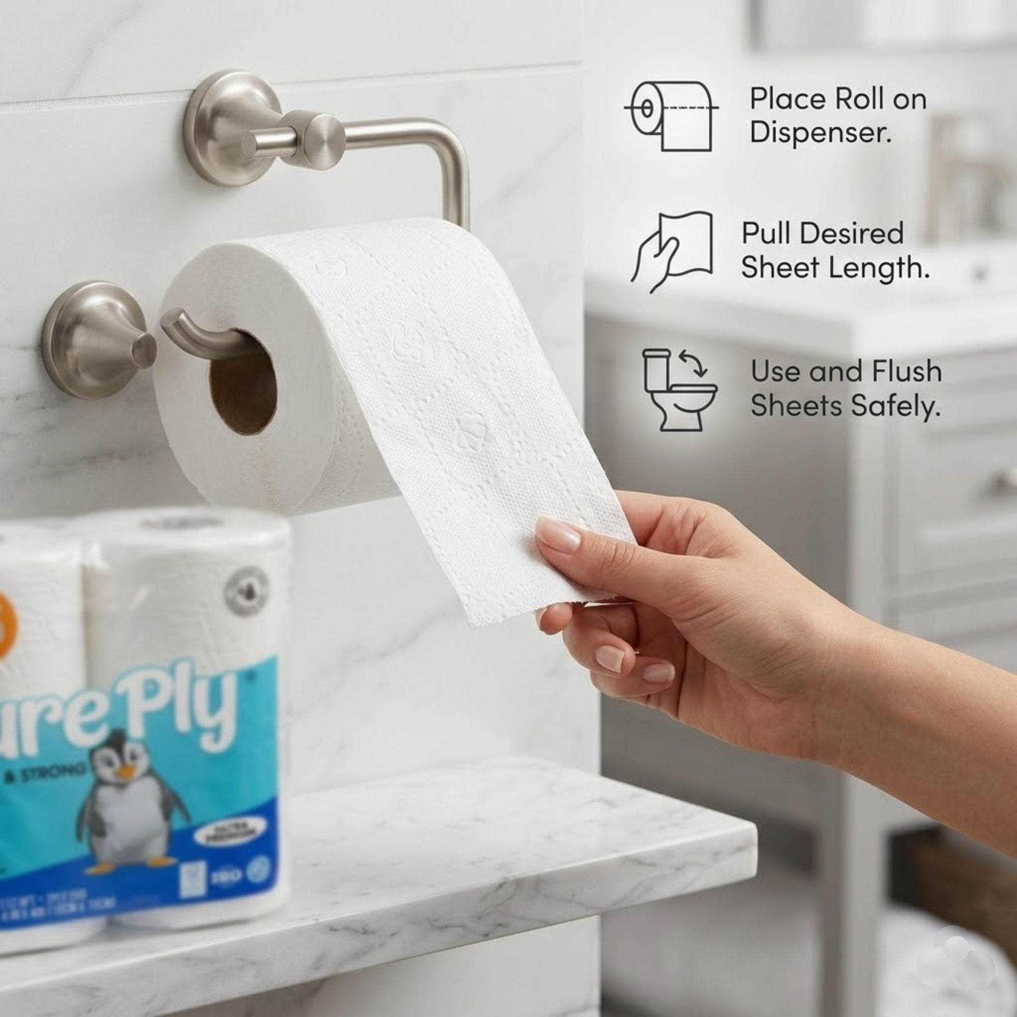 4in x 4in 4 Rolls Pack Pure Ply Ultra Soft 2 Ply 225 Sheets Toilet Paper size and feature image