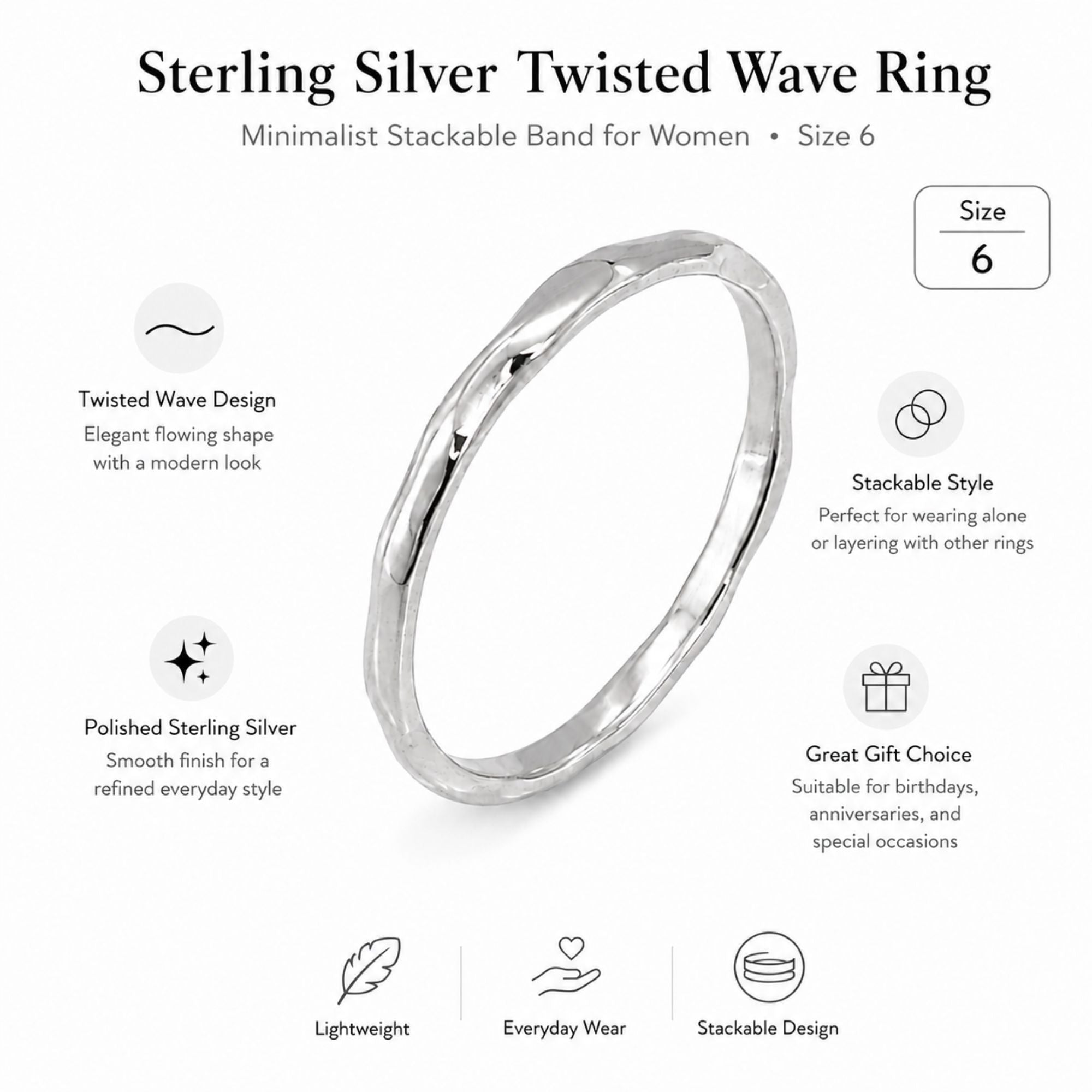 Size 6 Sterling Silver Stackable Wave Ring for Women