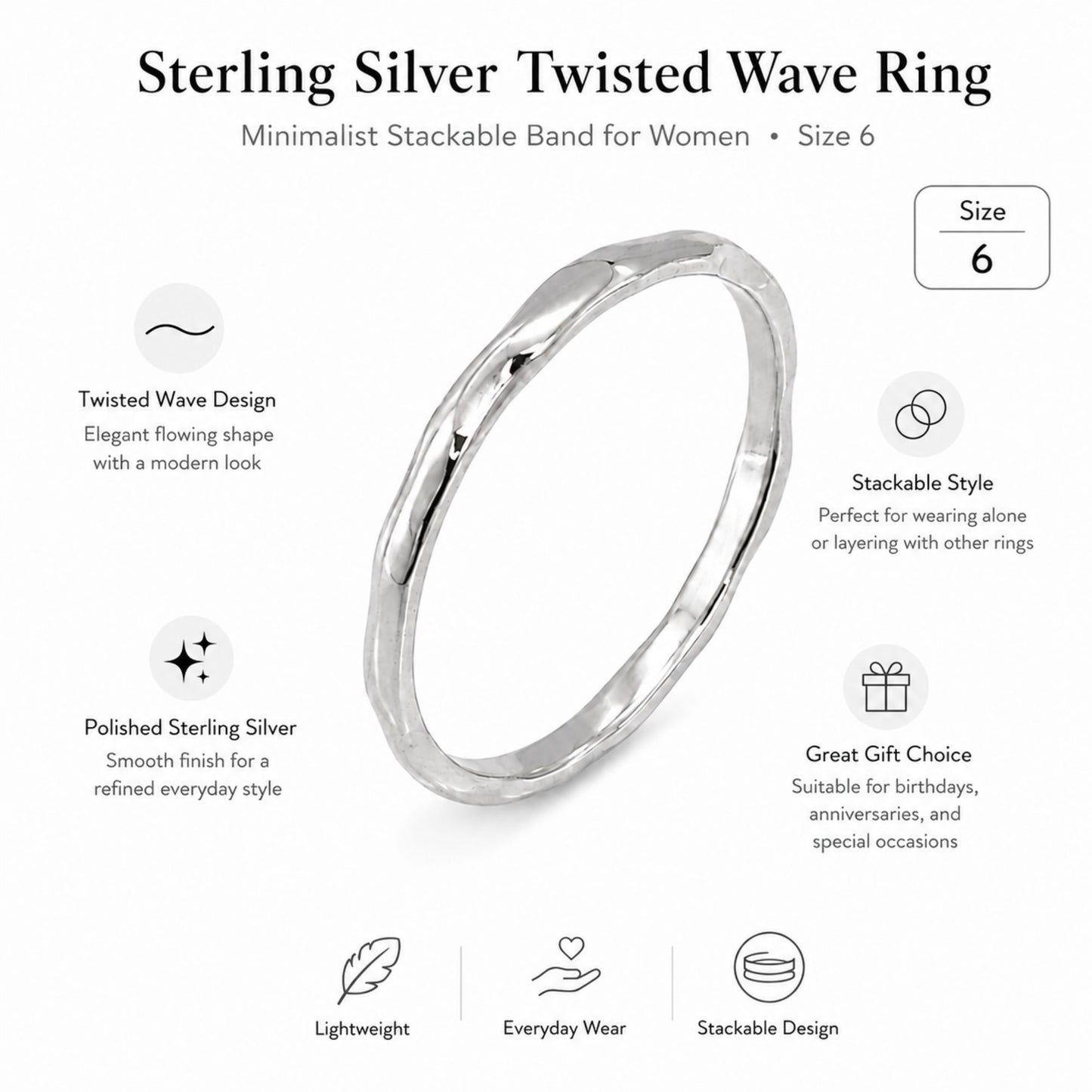 Size 6 Sterling Silver Stackable Wave Ring for Women