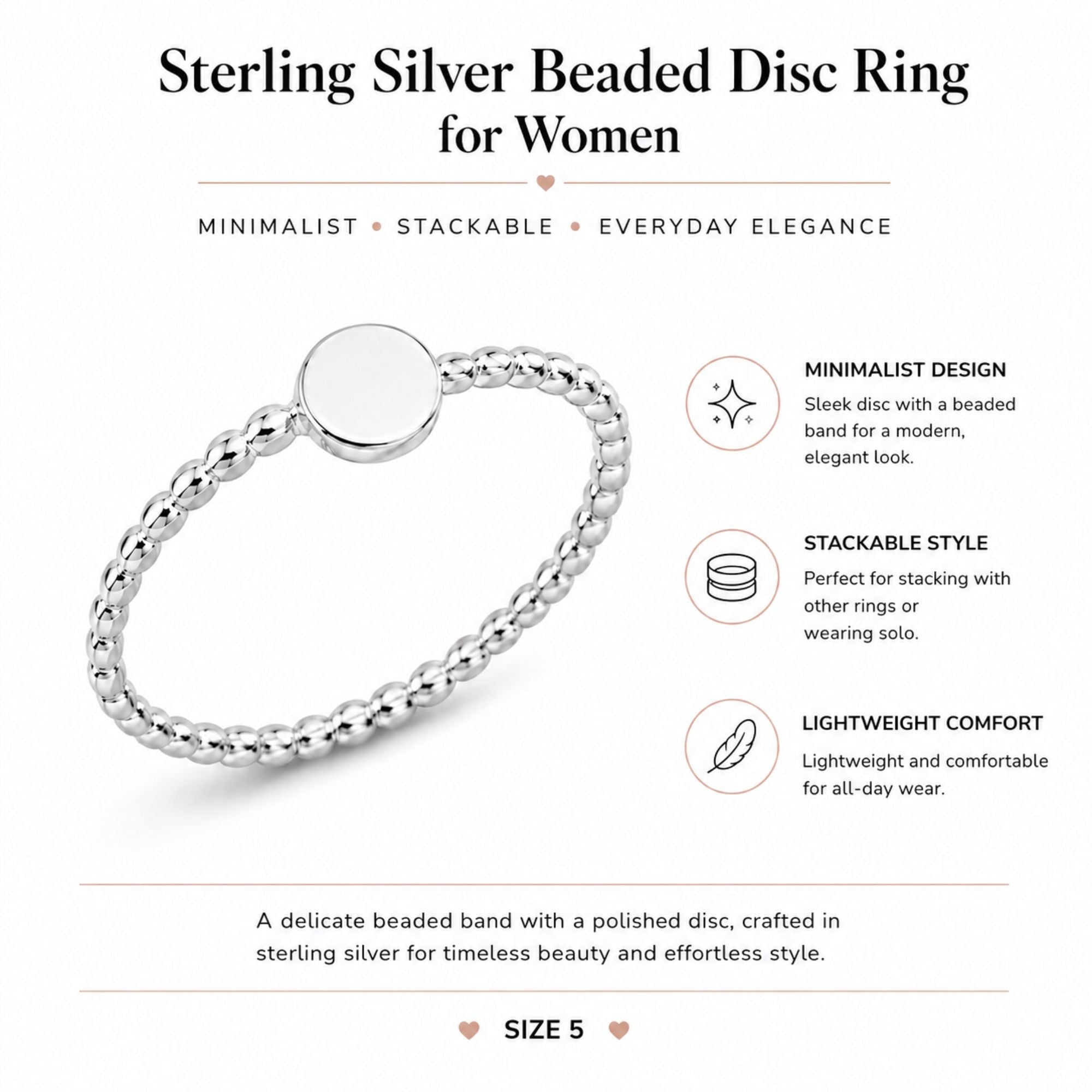 Size 5 Sterling Silver Stackable Beaded Ring Women