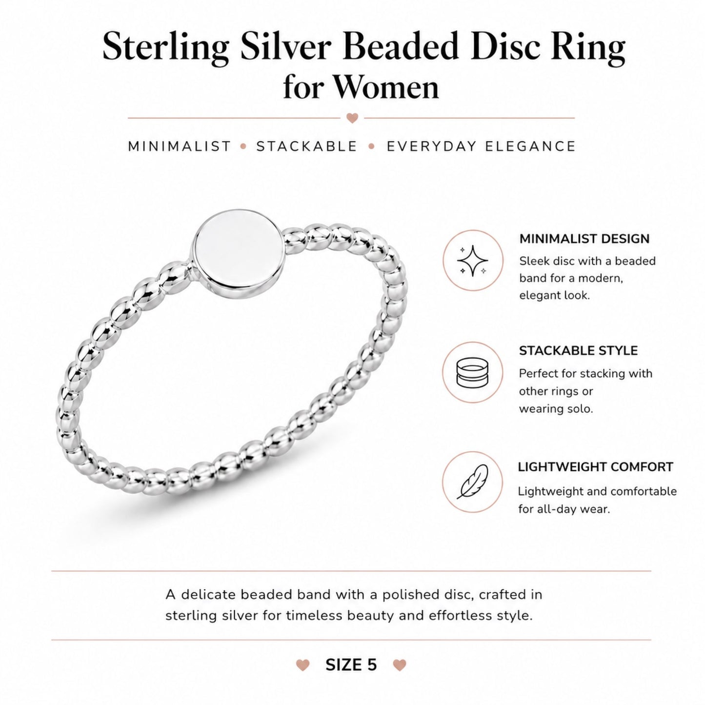 Size 5 Sterling Silver Stackable Beaded Ring Women
