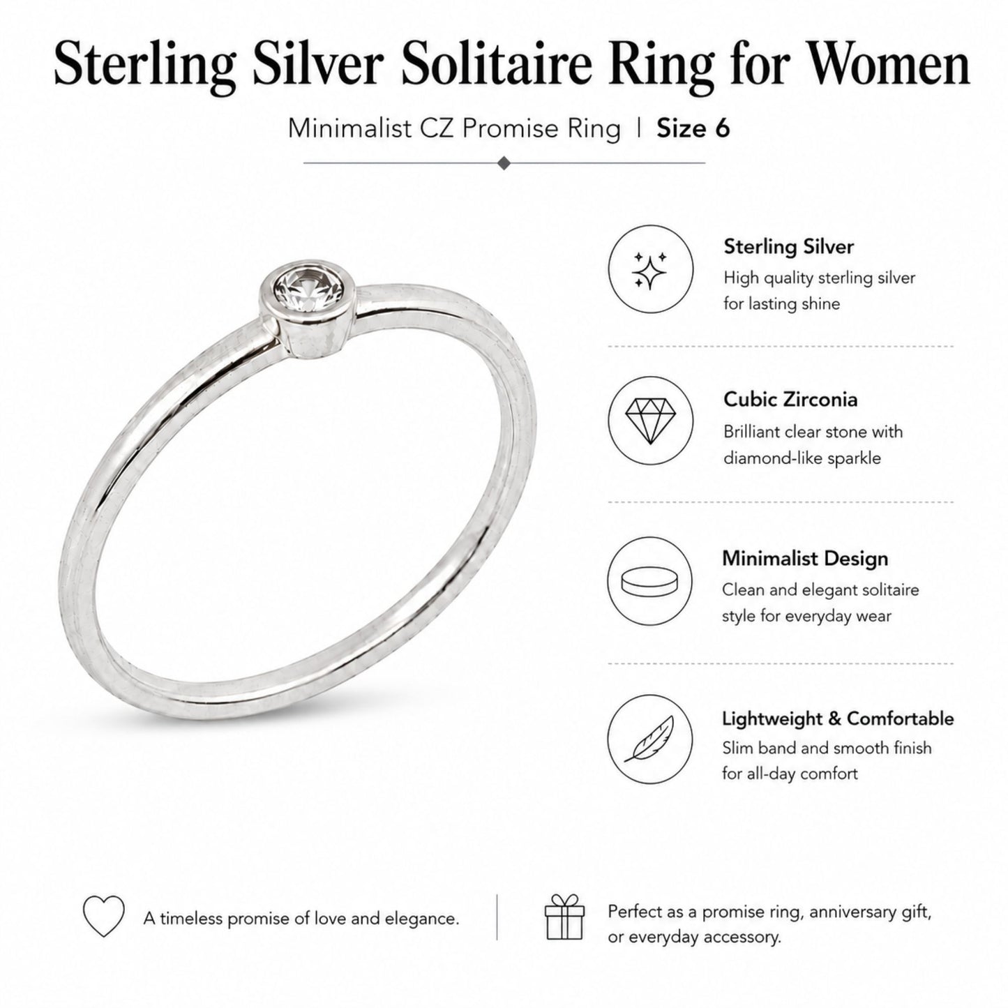 Size 6 Sterling Silver CZ Promise Ring for Women