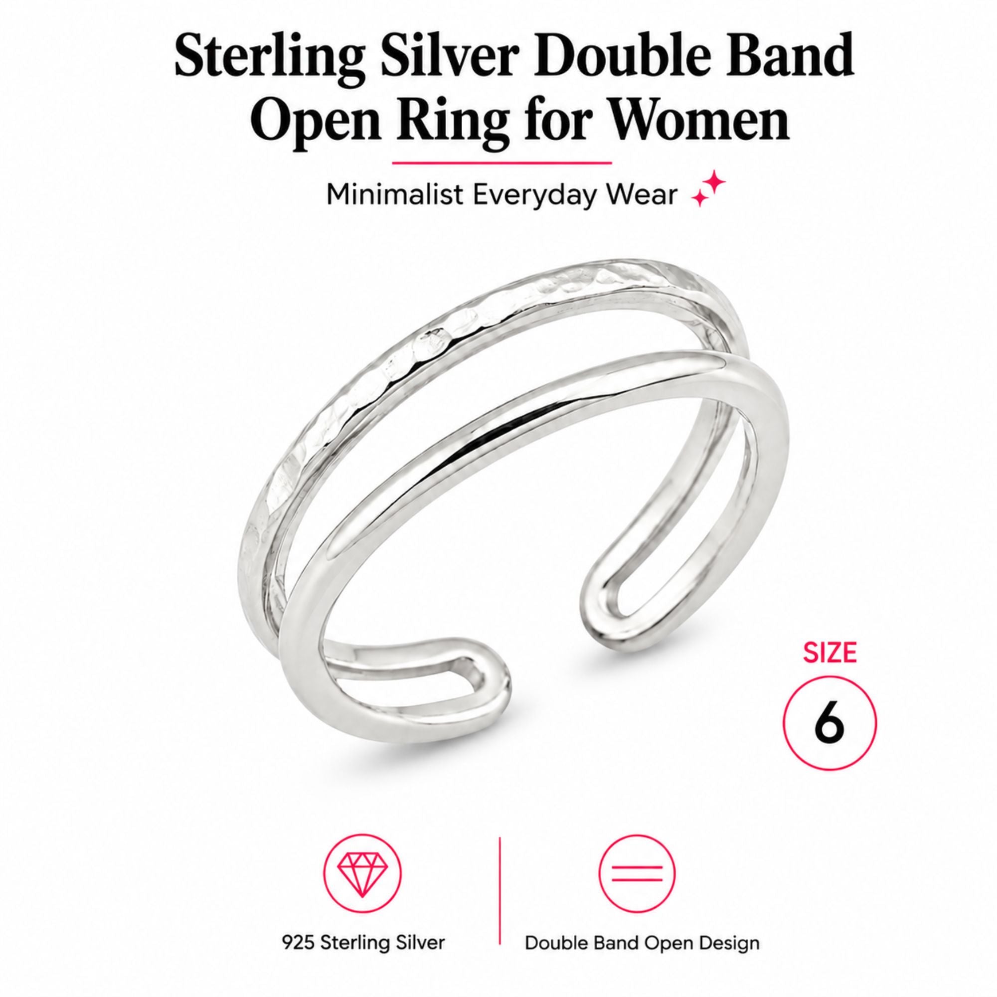 Sterling Silver Double Band Open Ring Size 6 for Women