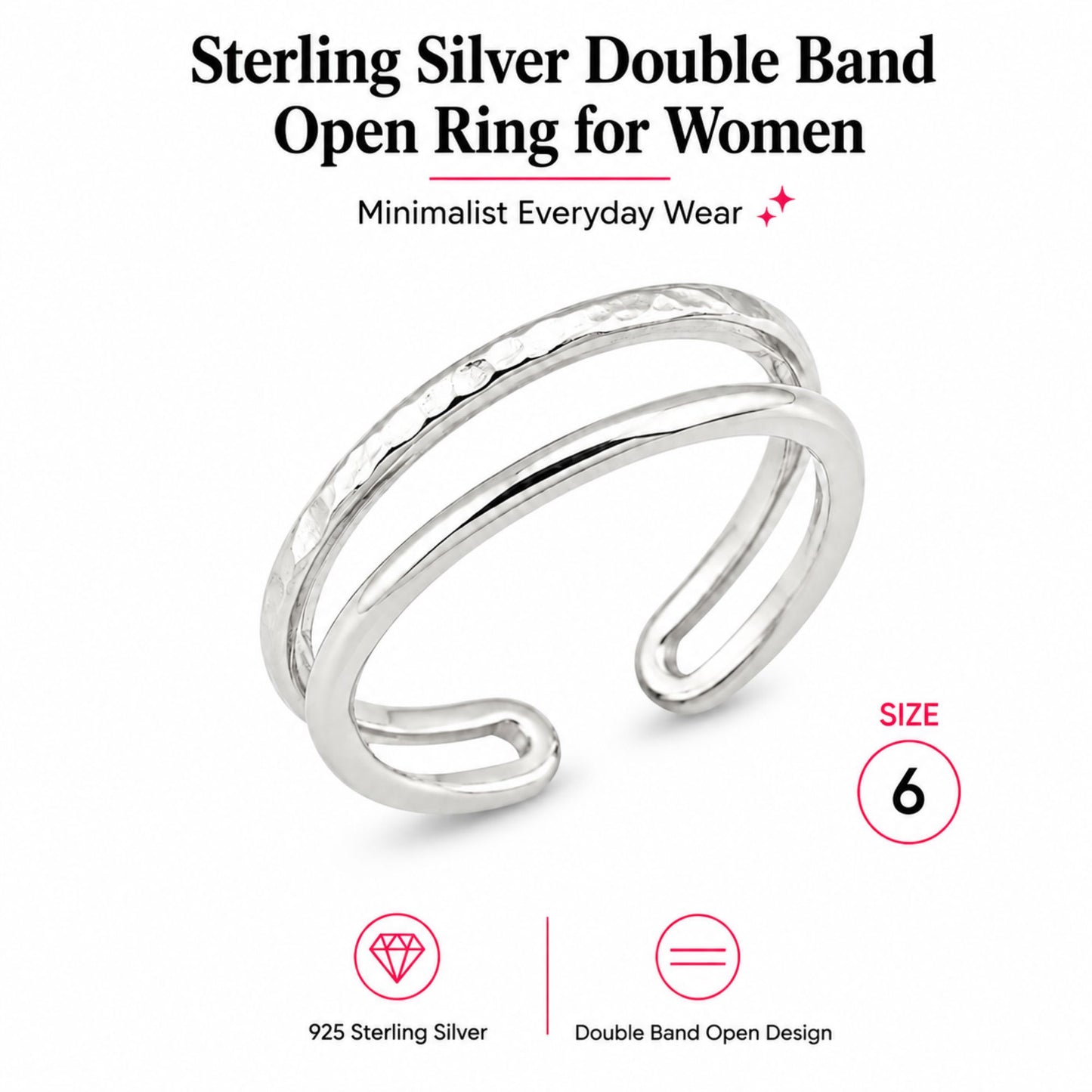 Sterling Silver Double Band Open Ring Size 6 for Women