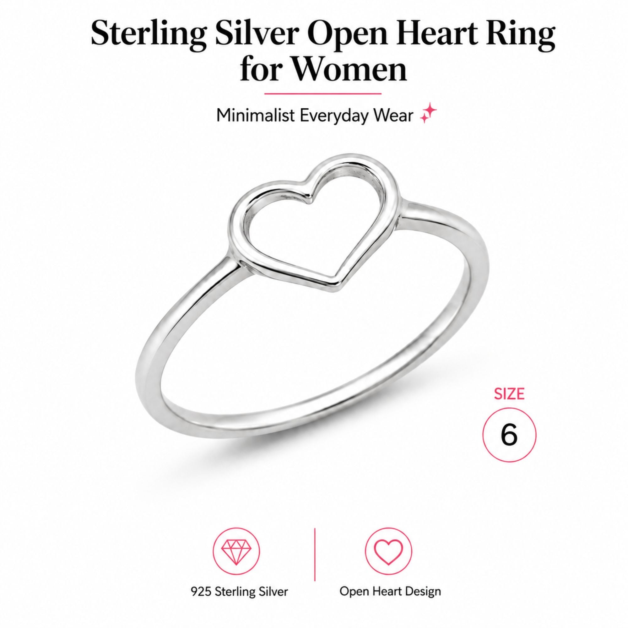 Sterling Silver Open Heart Ring Size 6 for Women