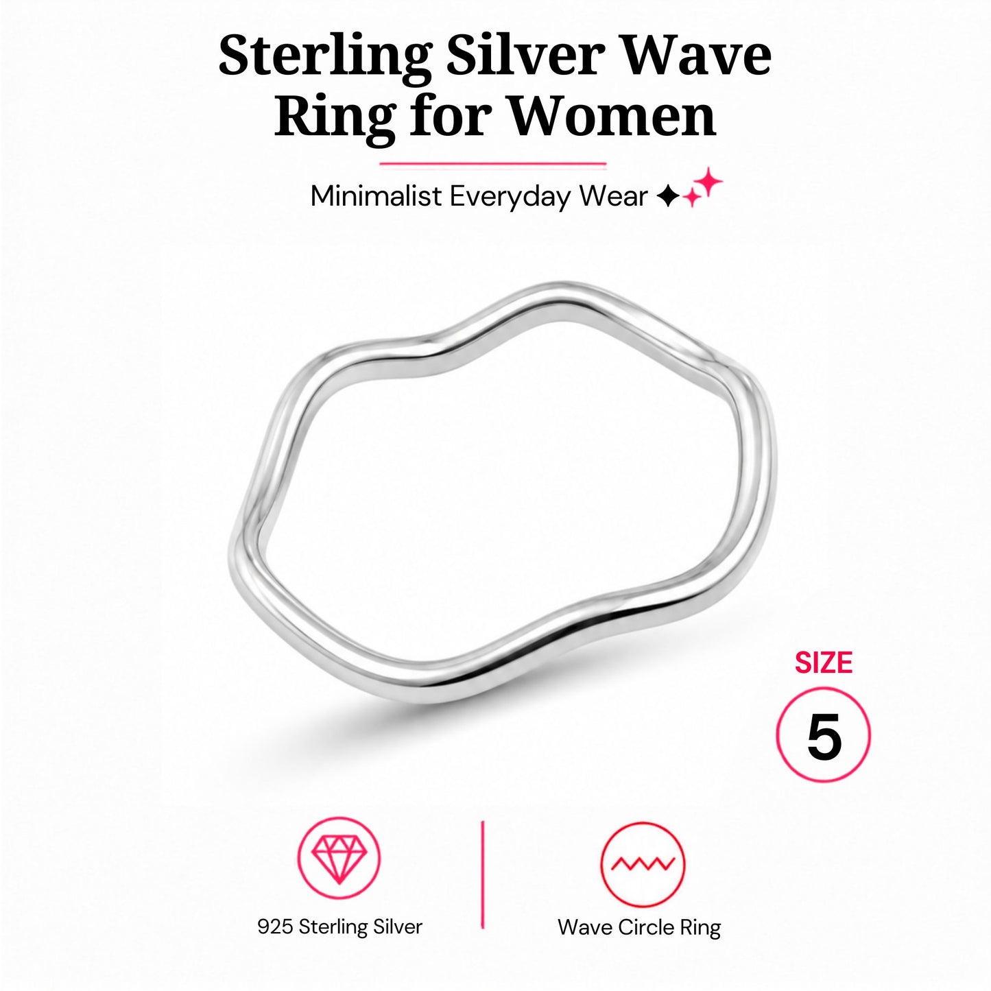 Sterling Silver Wave Band Ring for Women, Size 5