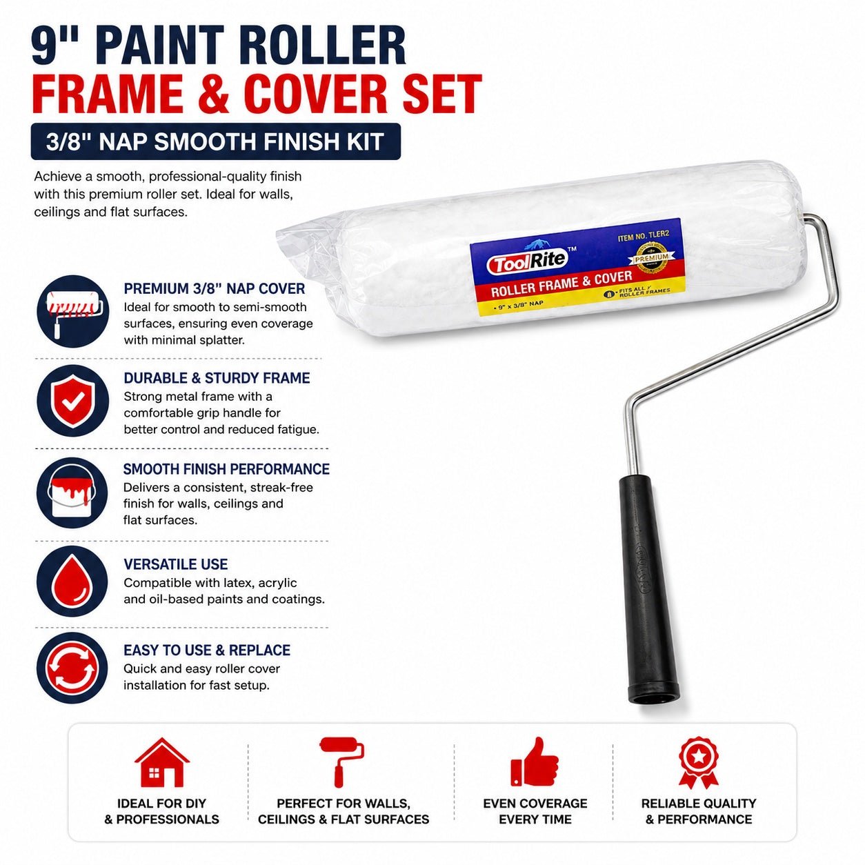 9" Paint Roller Frame & Cover Set 3/8" Nap Smooth Finish Kit