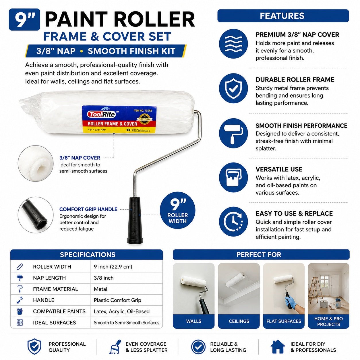 9" Paint Roller Frame & Cover Set 3/8" Nap Smooth Finish Kit