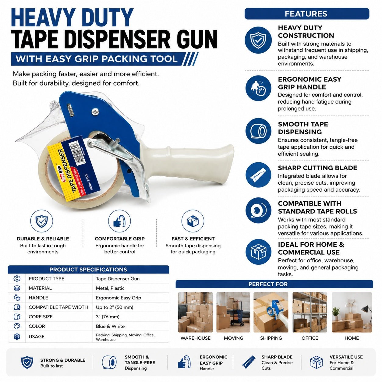 Durable shipping tape gun with ergonomic handle and cutting blade