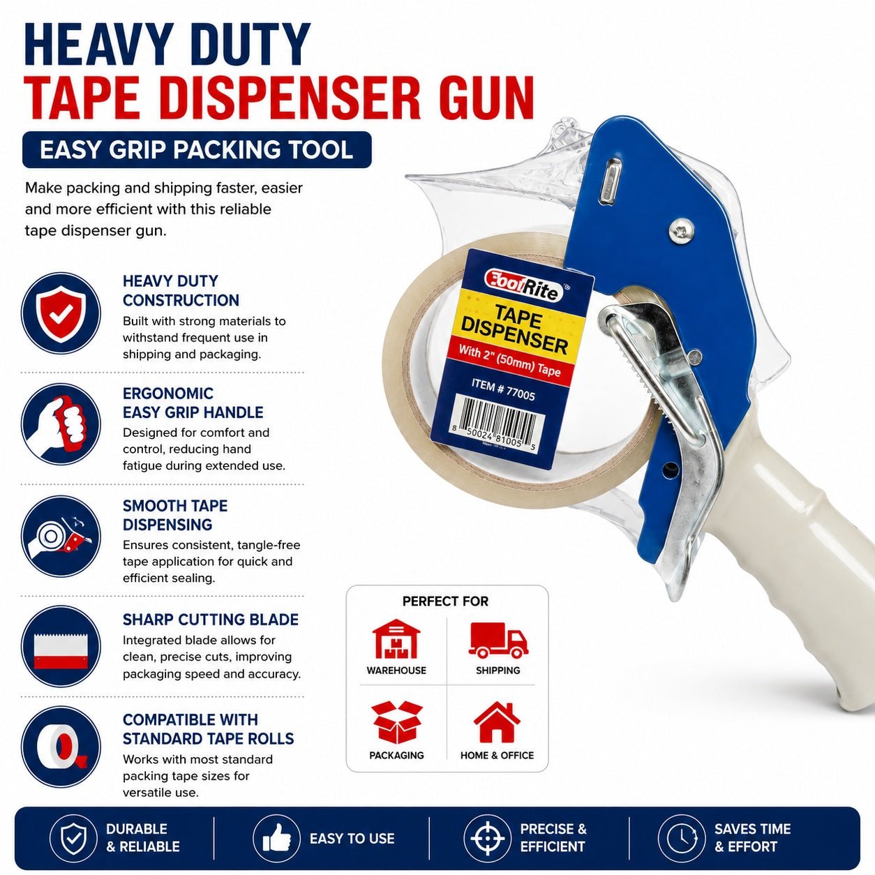 Handheld tape dispenser for packing boxes and warehouse use