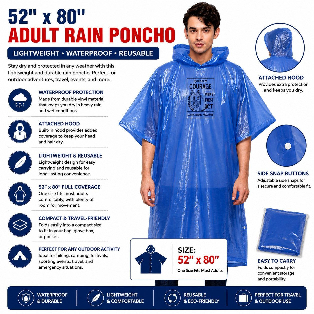 Waterproof vinyl poncho with hood for outdoor rain protection