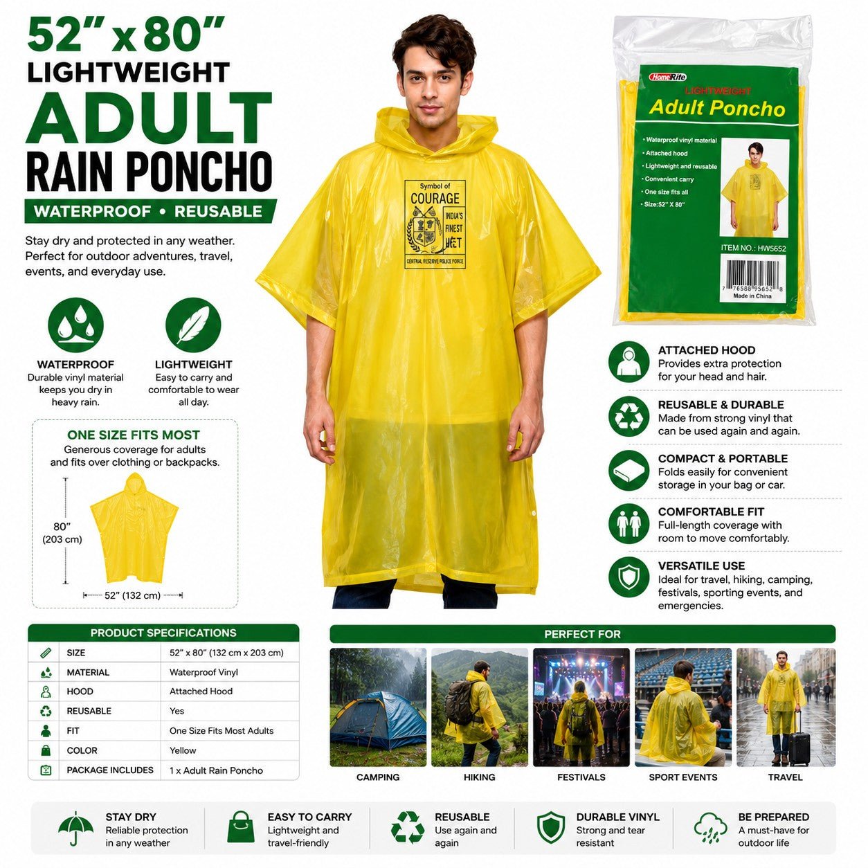 Yellow reusable rain poncho adult lightweight emergency rainwear