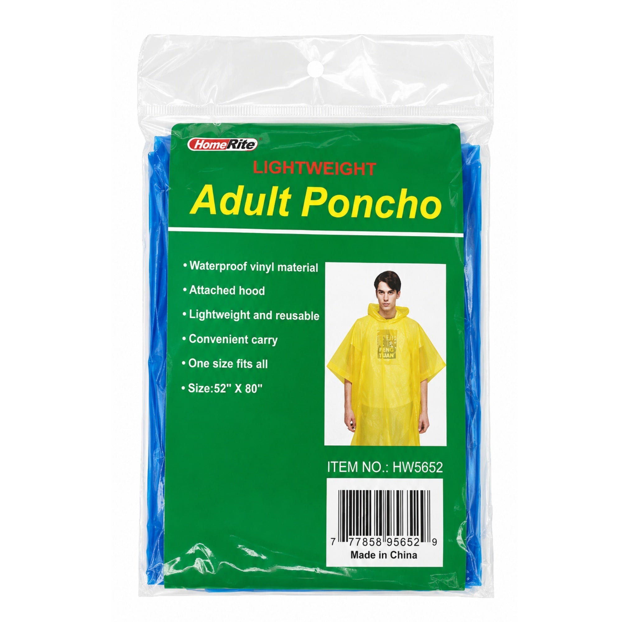 52" x 80" Lightweight Adult Rain Poncho Waterproof Reusable