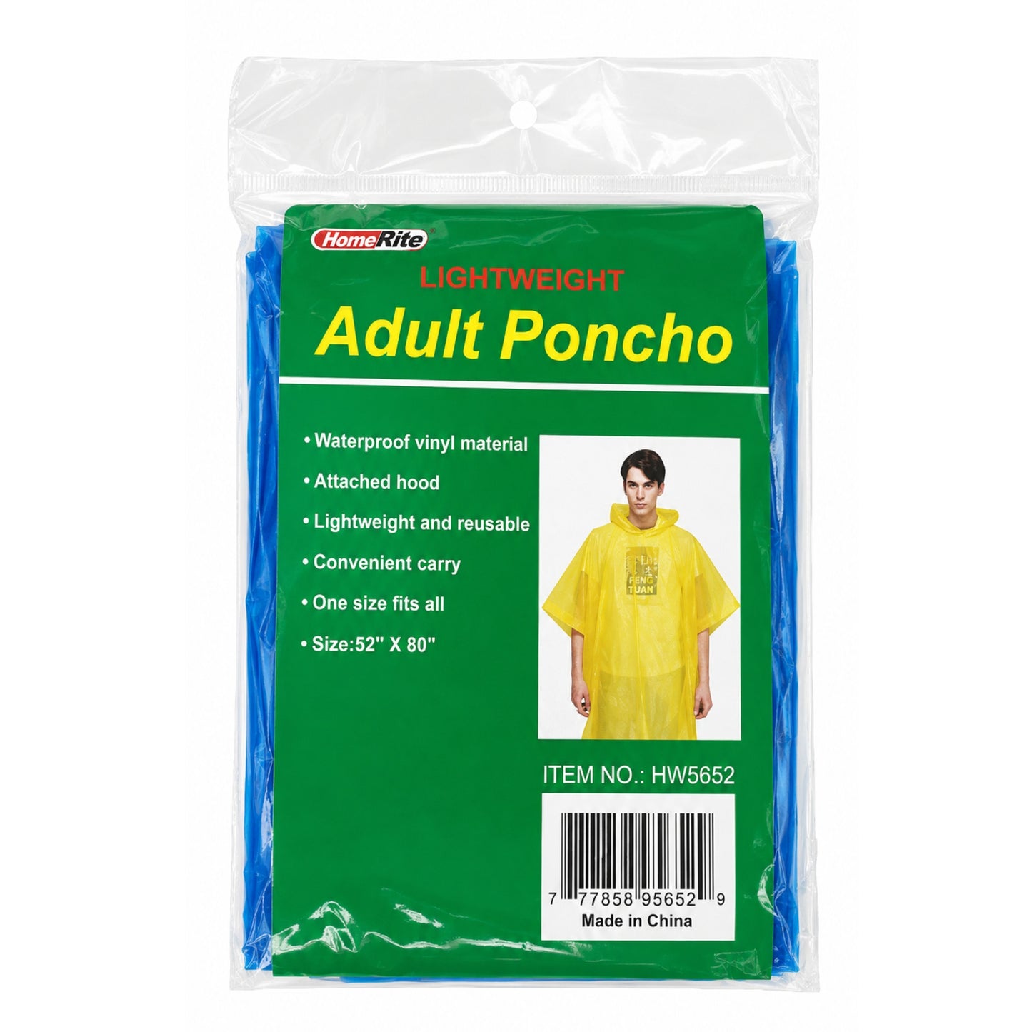 52" x 80" Lightweight Adult Rain Poncho Waterproof Reusable