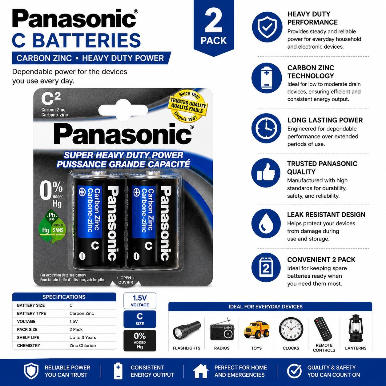 Panasonic heavy duty carbon zinc batteries long lasting energy