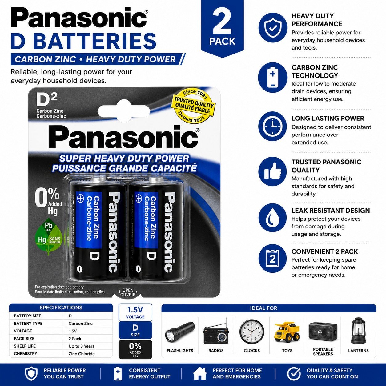Panasonic heavy duty carbon zinc batteries long lasting power